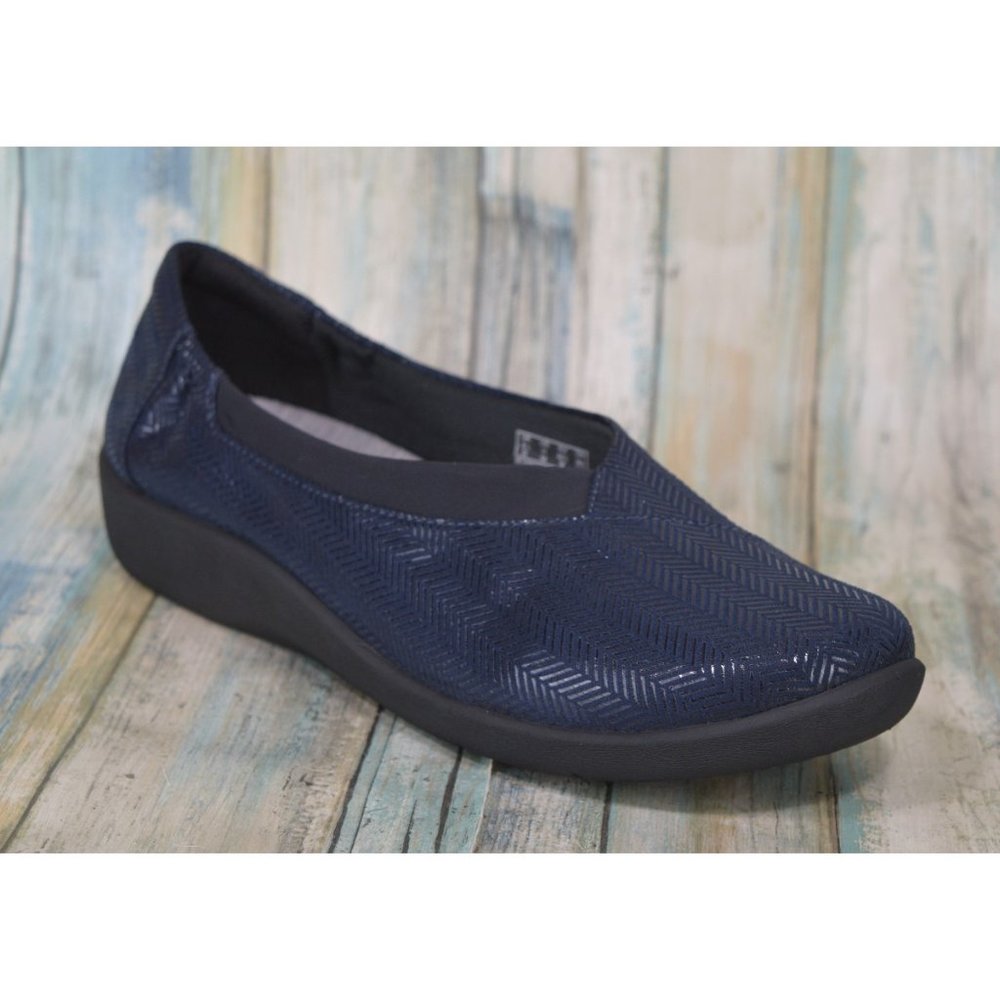 Clarks Sillian Jetay Loafers Size 11 Cloudstepper Flats Navy Blue Herringbone - Picture 2 of 11